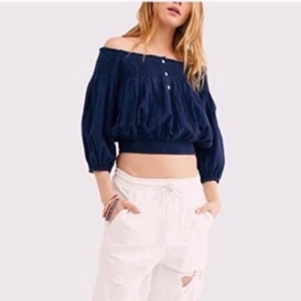 Free People We The Free Women’s Navy Smocked Peasant Cropped Top XS Festival